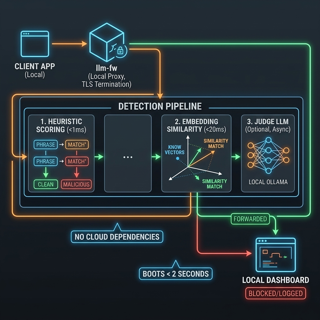 Diagram of llm-fw sitting between local tools and LLM provider APIs